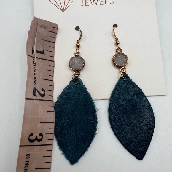 Love , Poppy Teal Green Leather Teardrop with Druzy Stone Earrings NEW - Picture 7 of 13